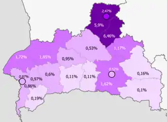 Polacos en la provincia&nbsp;&nbsp;&nbsp;&nbsp;&nbsp;>5%&nbsp;&nbsp;&nbsp;&nbsp;&nbsp;2–5%&nbsp;&nbsp;&nbsp;&nbsp;&nbsp;1–2%&nbsp;&nbsp;&nbsp;&nbsp;&nbsp;0.5–1%&nbsp;&nbsp;&nbsp;&nbsp;&nbsp;<0.5%