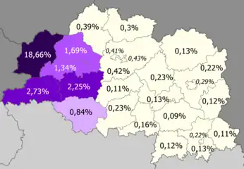Polacos en la provincia&nbsp;&nbsp;&nbsp;&nbsp;&nbsp;>5%&nbsp;&nbsp;&nbsp;&nbsp;&nbsp;2–5%&nbsp;&nbsp;&nbsp;&nbsp;&nbsp;1–2%&nbsp;&nbsp;&nbsp;&nbsp;&nbsp;0.5–1%&nbsp;&nbsp;&nbsp;&nbsp;&nbsp;<0.5%