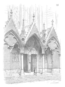 Reconstrucción del aspecto original del pórtico de la iglesia de San Nicasio de Reims (fue destruida en la Revolución y se reconstruyó en el siglo&nbsp;XX). Base Merimée, fuente citada en Église Saint-Nicaise de Reims).