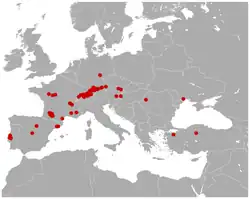 Mapa de distribución de fósiles de Prolagus oeningensis.Las coordenadas adicionales de fóslies no listadas en el archivo xls adjunto al papel de Ge et al. vienen de N. Sala-Burgos y R. Gil-Pita. 2006 y Paleobiology Database.