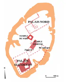 Mapa de ubicación de las áreas excavadas de los edificios principales del tell de Quyunjik, el centro político-religioso de Nínive (una gran parte del palacio no fue desbrozada).