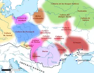 Los dacios en la frontera con Roma (mapa de Roma y los pueblos bárbaros ca. 105)