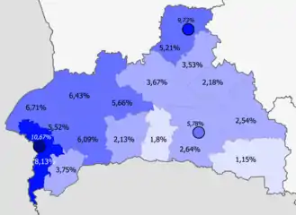 Rusos en la provincia&nbsp;&nbsp;&nbsp;&nbsp;&nbsp;>10%&nbsp;&nbsp;&nbsp;&nbsp;&nbsp;8–10%&nbsp;&nbsp;&nbsp;&nbsp;&nbsp;5–8%&nbsp;&nbsp;&nbsp;&nbsp;&nbsp;2–5%&nbsp;&nbsp;&nbsp;&nbsp;&nbsp;<2%