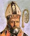 San Zenón de Verona (siglo&nbsp;IV) coronado con una mitra.