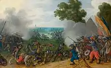 Combate alegórico entre monos armados y gatos en un paisaje flamenco.
