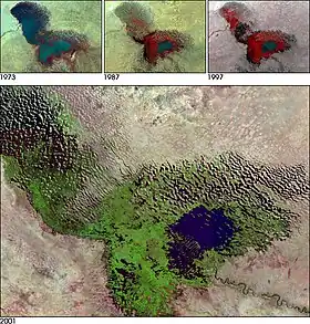 Imagen de satélite de 2001 del lago Chad. El lago se ha reducido en un 95&nbsp;% desde 1960.