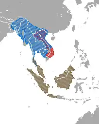 Distribución de Nycticebus&nbsp;spp. rojo = N.&nbsp;pygmaeus; azul = N.&nbsp;bengalensis;café = N.&nbsp;bancanus, N.&nbsp;borneaus, N.&nbsp;coucang, N.&nbsp;javanicus, N.&nbsp;kayan, & N.&nbsp;menagensis