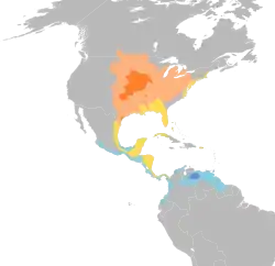 Área de nidificación Área de nidificación (poco común) En vuelo migratorio Área de invernada Área de invernada (poco común)