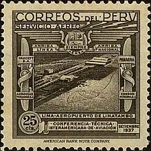 Sello de Correos del Perú con la imagen del aeropuerto. También se mencionan las aerolíneas Faucett, Aerovías Peruanas, Panagra y Cóndor Peruana, que operaban en ese momento. (1937)