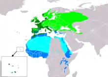 Área de cría. Área de ocupación permanente. Área de invernada. Área de migración. Área de probablemente extinto.