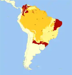 alt=Distribución del tapir amazónico:
(rojo: extinto, mostaza: confirmado, amarillo: probable)