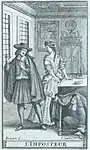 Frontispicio de Pierre Brissart en la edición Tartuffe ou l'imposteur, Molière (1682), tomo V