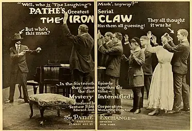 Un criminal enmascarado amenaza a Pearl White.Anuncio del serial estadounidense The Iron Claw (1916).