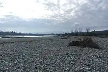 Photo shows a river bordered by an immense bed of white stones. There are mountains in the distance.
