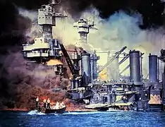 El acorazado USS&nbsp;West Virginia recibió impactos de varios torpedos, uno de ellos probablemente lanzado por un minisubmarino.