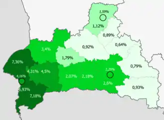 Ucranianos en la provincia&nbsp;&nbsp;&nbsp;&nbsp;&nbsp;>6%&nbsp;&nbsp;&nbsp;&nbsp;&nbsp;4–6%&nbsp;&nbsp;&nbsp;&nbsp;&nbsp;2–4%&nbsp;&nbsp;&nbsp;&nbsp;&nbsp;1–2%&nbsp;&nbsp;&nbsp;&nbsp;&nbsp;<1%