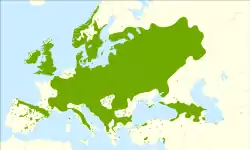 alt=Distribución del olmo montano.
: Distribución nativa.
:✖ Población aislada.
:▲ Introducido y naturalizado.