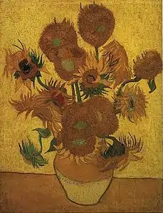 Jarrón con catorce girasoles (F458, JH1667), óleo, 95&nbsp;x&nbsp;73&nbsp;cm, Arlés, enero de 1889. Museo van Gogh, Ámsterdam, Países Bajos.