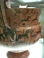Vaso François, una crátera ática (del ceramista Ergótimos, pintada por Clitias, hacia 570&nbsp;a.&nbsp;C.) con distintas escenas mitológicas y decoración orientalizante. Hallada en una tumba etrusca.
