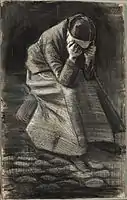 Mujer llorando (F1069, JH325), tiza negra y blanca, con retoques a pincel y lavado negro y gris; rastros de grafito, con pincel y tinta marrón sobre papel marfil, 1883, Instituto de Arte de Chicago