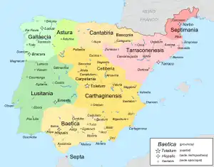 Organización territorial del reino visigodo de Toledo en el siglo&nbsp;VII, que ya comprende toda la Península.