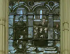 Vitral derecho de la capilla Santa Margarita (primera capilla lateral norte), con fecha de 1544, conocida como la «grisalla Berman» (presumiblemente procedente de la mansión de un donante y rico comerciante, Hanus Berman, que le representa con su familia y fue colocada en siglo&nbsp;XVII). Las grisalla son raras en Lorena, pero frecuentes en Champagne.