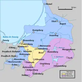 Masuria como área prusiana habitada por residentes que hablan polaco o mazurskiChristofer Herrmann: Warmia i Mazury: przewodnik po zabytkach sztuki. Bartąg: Wydawnictwo Artes, 2008. ISBN&nbsp;978-83-61049-24-1. p. 36