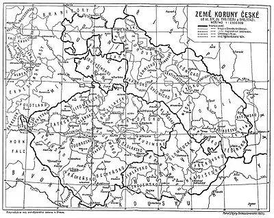 Mapa de las tierras de la Corona Bohemia desde el siglo XIV hasta 1742 (mapa de Josef Pekař, 1921, en checo).
