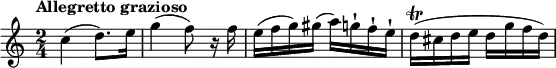 \relative c'' {
\key c \major
\time 2/4
\tempo "Allegretto grazioso"
c4(d8.) e16 | g4(f8) r16 f | e(f g) gis(a) g-! f-! e-! | d\trill(cis d e d g f d) |
}