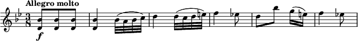 
\relative c'' { 
  \version "2.18.2"
  \key bes \major
   \time 3/8
   \tempo "Allegro molto"
  \tempo 4 = 140
  <d, bes'>8 \f <d bes'> <d bes'>
   <d bes'>4 bes'32 (a bes c)
   d4 d32 (c d e)
   f4 ees!8
   d [ bes'] [g16 (e)]
   f4 ees!8
}
