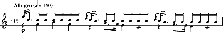 \new Staff <<
\new Voice \relative c'' {
\key f \major
\tempo "Allegro" 4 = 130
\voiceOne
f16(\p c8.) \repeat unfold 6 { c8-. } |
\appoggiatura d16 c( bes8.) \repeat unfold 6 { bes8-. } |
\appoggiatura c16 bes( a8.) \repeat unfold 6 { a8-. } |
}
\new Voice \relative c' {
\voiceTwo
r4 f a f |
r4 g8. f16 e4 c |
r4 f8. e16 d4 c |
}
>>