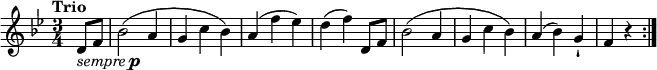 \relative c'' {
\version "2.18.2"
\key bes \major
\time 3/4
\tempo "Trio"
\tempo 4 = 110
\partial4 d,8_\markup { \italic { sempre } \dynamic p } f
bes2 (a4 g c bes)
a (f'ees)
d (f) d,8 f
bes2 (a4 g c bes)
a4 (bes) g-!
f r4 \bar ":|."
}