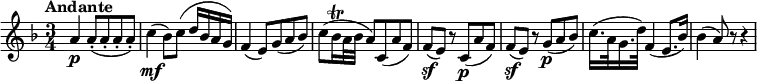 \relative c'' {
\version "2.18.2"
\key f \major
\tempo "Andante"
\tempo 4 = 60
\time 3/4
a4 \p a8-. ( a8-. a8-. a8-. )
c4 \mf (bes8) c (d16 bes a g)
f4 (e8) g (a bes)
c (bes16\trill a32 bes a8) c, (a' f)
f \sf (e) r c\p (a' f)
f \sf (e) r g \p (a bes)
c16. (a32 g16. d'32) f,4 (e8. bes'16)
bes4 (a8) r r4
}