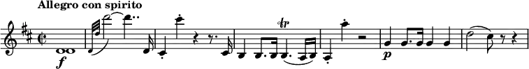
\relative c' {
  \override Score.NonMusicalPaperColumn #'line-break-permission = ##f
  \version "2.18.2"
  \key d \major
  \time 2/2
  \tempo "Allegro con spirito"
  \tempo 4 = 120
  <<
    { d1\f | } \\
    { d1 | }
  >>
  \appoggiatura { d32[ d'] } d'2~ d4.. d,,16 |
  cis4-. cis''-. r r8. cis,,16 |
  b4 b8. b16 b4.\trill( a16 b) |
  a4-. a''-. r2 |
  g,4\p g8. g16 g4 g |
  d'2( cis8) r r4
}
