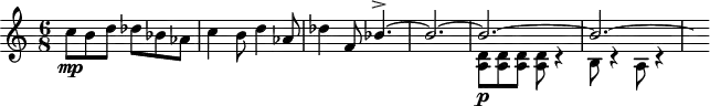 
\version "2.18.2"
\header {
  tagline = ##f
}

\score {
  \new Staff \with {

  }
<<
  \relative c'' {
    \key c \major
    \time 6/8
    \tempo 4. = 120
    \override TupletBracket #'bracket-visibility = ##f 

     % thème mvt 1
     c8\mp b d des bes aes c4 b8 d4 aes8 des4 f,8 
     << { bes4.~-> bes2.~ bes~ bes~ \hideNotes bes8 } \\ { s4.*3 < a, d >8\p < a d > q q r4 b8 r4 a8 r4 } >>

  }
>>
  \layout {
     \context { \Score \remove "Metronome_mark_engraver" }
  }
  \midi {}
}
