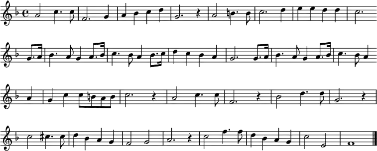 {
\clef treble \key f \major \tempo 4=100 \set Staff.midiInstrument = "piano" {
\set Score.tempoHideNote = ##t
\override Score.BarNumber #'transparent = ##t
\time 4/4
\transpose c c'
\relative
{ a2 c4. c8 | f,2. g4 | a bes c d | g,2. r4 | a2 b4. b8 | c2. d4 | e e d d | c2. \bar"" \break
g8. a16 | bes4. a8 g4 a8. bes16 | c4. bes8 a4 bes8. c16 | d4 c bes a | g2. g8. a16 | bes4. a8 g4 a8. bes16 | c4. bes8 a4 \bar"" \break
a | g c c8 b a b | c2. r4 | a2 c4. c8 | f,2. r4 | bes2 d4. d8 | g,2. r4 | \break
c2 cis4. cis8 | d4 bes a g | f2 g | a2. r4 | c2 f4. f8 | d4 bes a g | c2 e, | f1 \bar "|."}
}
}