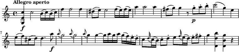 \relative c'' {
\version "2.18.2"
\key c \major
\time 4/4
\tempo "Allegro aperto"
\tempo 4 = 110
<g, e' c'>4 \f c'2 b16 (c) b (c)
f4 f2 f4
dis8 (e) e2 f16 (e) f (e)
a4 a2 a4
fis8 (g) g4 r8 g-. \p a-. b-. c2 (g4) e
e8 (f) cis (d) d4. a'8\f
\grace a8 (g2) \grace a8 (g2)
\grace a8 (g4) g4 ~ g16 a g a g (f) e-. d-.
c8 \grace d32 (c16) (b) c8-. d-. e \grace f32 (e16) (d) e8-. fis-.
g4 <d, d' b'>4 <d b' g'> r
}