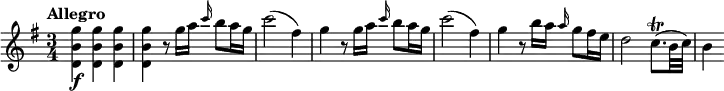 \relative c''' {
\version "2.18.2"
\tempo "Allegro"
\key g \major
\time 3/4
\tempo 4 = 120
<g b, d,>4\f q q |
q4 r8 g16 a \grace c16 b8 a16 g |
c2( fis,4) |
g4 r8 g16 a \grace c b8 a16 g |
c2( fis,4) |
g4 r8 b16 a \grace a g8 fis16 e |
d2 c8.(\trill b32 c) |
b4
}