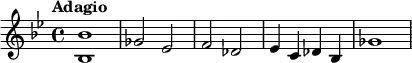 {   \time 4/4  \key bes \major \tempo "Adagio" \relative c' { <bes bes'>1 ges'2 es f2 des ees4 c4 des bes ges'1}   }