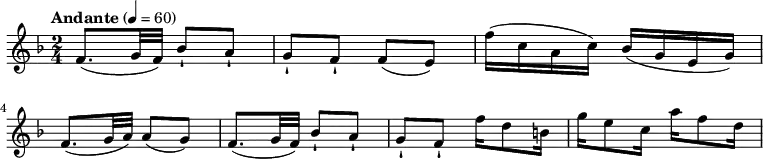\relative c' {
\version "2.18.2"
\key f \major
\time 2/4
\tempo "Andante" 4 = 60
f8. (g32 f) bes8-! a-! g-! f-! f (e) f'16 (c a c) bes (g e g)
f8. (g32 a) a8 (g) f8. (g32 f) bes8-! a-! g-! f-! f'16 d8 b16 g'16 e8 c16 a'16 f8 d16
}