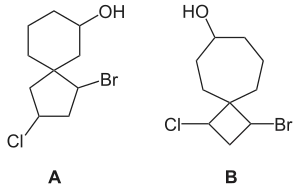 A: 1-Bromo-3-Cloro-Espiro[4.5]-decan-7-ol B: 1-Bromo-3-Cloro-Espiro[3.6]-decan-7-ol
