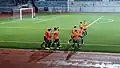 Jugadores del Meralco Manila celebran un gol ante el Davao Aguilas el 23 de septiembre de 2017