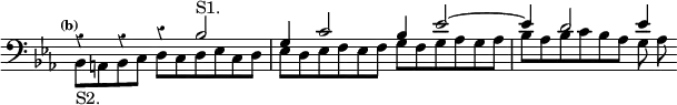 \new Staff <<
\new Voice \relative b { \clef bass \key ees \major \time 6/4 \partial 4*5 \tempo \markup \tiny "(b)" \override Score.Rest #'style = #'classical \override Score.TimeSignature #'stencil = ##f \stemUp
r4 r r bes2^"S1." g4 c2 bes4 ees2 ^~ | ees4 d2 ees4 }
\new Voice \relative b, { \stemDown bes8_"S2." a bes c d c d ees c d | ees d ees f ees f g f g aes g aes | bes aes bes c bes aes g aes }
>>