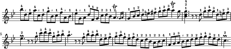 \relative b'' { \key bes \major \time 12/8 \override Score.TimeSignature #'stencil = ##f \set strokeFingerOrientations = #'(up) \set fingeringOrientations = #'(up) \set Staff.midiInstrument = #"clav"
bes8-4 d,\rightHandFinger #5 ees-1
a-4 c,\rightHandFinger #5 d-1
g-4 bes,\rightHandFinger #5 c-1
f-4 a,\rightHandFinger #5 bes-1 |
ees-4 g,\rightHandFinger #5 a-1
d-4 f,-1 g-2 c-2 d-3 bes-1 \afterGrace a4.-2\trill { g16 a } |
g8-1 bes-1 c-2 d-3 e-1 fis-2 g-1 a-2 bes-3 a4-2\trill g8 |
<g-4 d-2 bes-1>4. r8 r d-1 g-3 a-4 g-3 d-1 e-2 f-3 |
ees4.-2\prall r8 r g-1 c-3 d-4 c-3 g-1 a-2 bes-3 |
a4.-2 r8 r f-1 bes-4 a-3 bes-4 d,-1 ees-2 f-3 |
g-2 a-3 f-1 ees-2 f-3 d-1 c-2 d-3 bes-1 a-2 bes-3 c-4 |
f,-1 g-2 a-3 bes\rightHandFinger #5 c-2 d-3
ees-2 f-3 g-4 f-3 ees-2 d-1 |
c4.-2\prall }