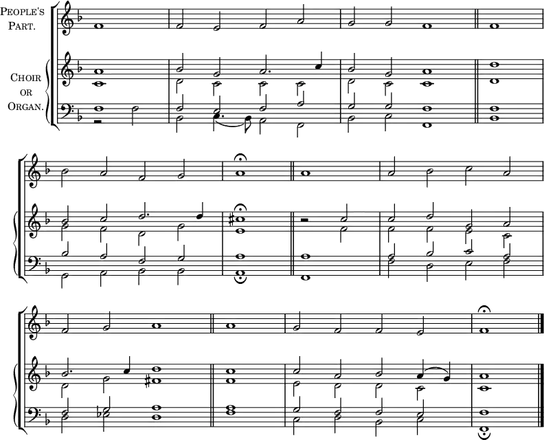 
\new ChoirStaff <<
  \new Staff \with {
    instrumentName = \markup {
      \center-column { \smallCaps "People's"
        \line { \smallCaps "Part." }
      }
    }
  } { 
    \clef treble
    \time 4/2
    \partial 1
    \key f \major
    \set Staff.midiInstrument = "choir aahs"
    \omit Staff.TimeSignature
    \set Score.tempoHideNote = ##t
    \override Score.BarNumber #'transparent = ##t 
    \relative c'
      { f1 | f2 e f a | g g f1 \bar"||" \time 2/2 f \break
        \time 4/2 bes2 a f g | a1 \fermata \bar"||" a | a2 bes c a \break
        f g a1 \bar"||" \time 2/2 a \time 4/2 g2 f f e | f1 \fermata \bar"|."} 
      } 
  \new PianoStaff \with {
    instrumentName = \markup {
      \center-column { \smallCaps "Choir"
        \line { \smallCaps "or" }
        \line { \smallCaps "Organ." }
      }
    }
  } <<
    \new Staff = "staff" \with { \consists "Merge_rests_engraver" } {
      \clef treble
      \key f \major
      \set Staff.midiInstrument = "church organ"
      \omit Staff.TimeSignature
      \relative c''
        << { a1 | bes2 g a2. c4 | bes2 g a1 | d
             bes2 c d2. 4 | \time 2/2 cis1 \fermata | r2 c | \time 4/2 c d g, a 
             bes2. c4 d1 | c | c2 a bes a4( g) | a1}
 \\
        { c,1 | d2 c c c | d c c1 | d
          g2 f d g | e1 r2 f2 | f f e c 
          d g fis1 | f | e2 d d c | c1 } >>
      } 
    \new Staff \with { \consists "Merge_rests_engraver" } {
      \clef bass
      \key f \major
      \set Staff.midiInstrument = "church organ"
      \omit Staff.TimeSignature
      \relative c
        << { f1 | f2 e f a | g g f1 | f
             bes2 a f g | a1 a | a2 bes c a 
             f g a1 | a | g2 f f e | f1 } \\
        { r2 f | bes, c4.( bes8) a2 f | bes c f,1 | bes
          g2 a bes bes | a1 \fermata f | f'2 d e f 
          d es d1 | f | c2 d bes c | f,1 \fermata } >>
      }
>> >>
\layout { indent = #12 }
\midi { \tempo 2 = 69 }
