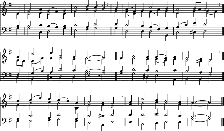 
<< <<
\new Staff { \clef treble \time 3/2 \key g \major \partial 4 \set Staff.midiInstrument = "church organ" \omit Staff.TimeSignature \set Score.tempoHideNote = ##t \override Score.BarNumber  #'transparent = ##t
  \relative c'
  << { d4 | g2 a4 g( fis) g | c2 d4 c( b) \breathe \bar"||"
       b | a( fis) g c2 b4 | a2 b8 a a2 \breathe \bar"||" \break
       a4 | d2 e4 b2 a4 | g2. ~ 2 \bar"||"
       g4 | b2 a4 a( g) a | g2 fis4 e2 \breathe \bar"||" \break
       b'4 | c( e) d c( b) g | a2 g4 fis2 \breathe \bar"||"
       a4 | d2 c4 b2 a4 | g2. ~ 2 \bar"|." } \\
  { d4 | 2 e4 d2 4 | g2 a4 g2 4 | fis( d) g fis( a) g | e2 g4 g( fis)
    e8 d | d4( g) g g2 fis4 | g2. ~ 2 4 | 2 fis4 4( e) fis | e2 dis4 e2
    e4 | g2 a4 g2 b,4 | e2 4 d2 fis4 | g2 a4 g2 fis4 | g2. ~ 2 } >>
}
\new Staff { \clef bass \key g \major \set Staff.midiInstrument = "church organ" \omit Staff.TimeSignature
  \relative c'
  << { b4 | 2 c4 b( a) b | c2 a4 d2 4 | c2 b4 a( fis) g | a( c) e d2
       fis,4 | g( b) a d2 c4 | b2. ~ 2 4 | d2 c4 b2 c4 | b2 a4 g2
       g4 | c2 a4 d2 g,4 | c2 cis4 d2 4 | 2 e4 d2 c4 | b2. ~ 2 } \\
  { g4 | 2 c,4 d2 g4 | e2 fis4 g2 4 | d2 4 2 g,4 | c2 cis4 d2
    d4 | b2 cis4 d2 4 | g2. ~ 2 4 | 2 dis4 e2 a,4 | b2 4 e2
    e4 | 2 fis4 g2 e4 | c2 a4 d2 4 | b2 c4 d2 4 | g2. ~ 2 } >>
}
>> >>
\layout { indent = #0 }
\midi { \tempo 4 = 108 }
