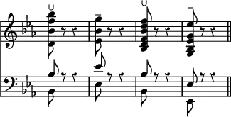 { \override Score.TimeSignature #'stencil = ##f \time 2/4 \override Score.Rest #'style = #'classical \key ees \major << \relative d' { <d bes' f' bes>8^\lheel r8 r4 | <ees bes' g'>8\tenuto r r4 | <bes d f bes d f>8^\lheel r r4 | <g bes ees g ees'>8^\tenuto r r4 \bar "||" }
\new Staff { \clef bass \key ees \major \relative b << { bes8 r r4 | ees8 r r4 | bes8 r r4 | ees,8 r r4 } \\ { bes8 s8 s4 ees8 s s4 bes8 s s4 ees,8 s s4 } >> } >> }