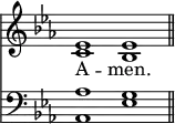 
<<
\new Staff { \clef treble \time 4/2 \key es \major \set Staff.midiInstrument = "church organ" \omit Staff.TimeSignature
  \relative c' { << { es1 es \bar"||" } \\ { c bes } >> } }
\new Lyrics \lyricmode { A -- men. }
\new Staff { \clef bass \key es \major \set Staff.midiInstrument = "church organ" \omit Staff.TimeSignature
  \relative c' { << { aes1 g } \\ { aes, es' } >> } }
>>
\layout { indent = #0 }
\midi { \tempo 2  = 76 }
