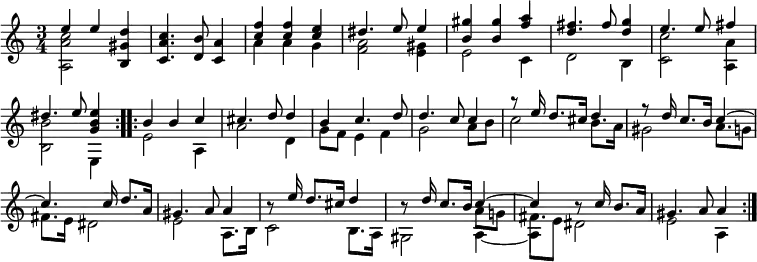 \new Staff << \override Score.BarNumber #'break-visibility = #'#(#f #f #f)
\new Voice \relative e'' { \time 3/4 \key a \minor \stemUp \repeat volta 2 {
  e4 e <d gis, b,> | <c a c,>4. <b d,>8 <a c,>4 | <c f> q <c e> |
  dis4. e8 e4 | <gis b,> q <a f> | <fis d>4. fis8 <g d>4 |
  e4. e8 fis4 | dis4. e8 <e b g>4 } \repeat volta 2 {
  b b c | cis4. d8 d4 | b4 c4. d8 | d4. c8 c4 |
  r8*3/2 e16 d8. cis16 d4 | r8*3/2 d16 c8. b16 c4 ^~ |
  c4. s16 c16 d8. a16 | gis4. a8 a4 | r8*3/2 e'16 d8. cis16 d4 |
  r8*3/2 d16 c8. b16 << { c4 ^~ c } \\ { a8 g! fis8. e8*1/2 } >>
  r8*3/2 c'16 b8. a16 | gis4. a8 a4 } } 
\new Voice \relative a { \stemDown
  <a a' c>2 s4 s2. | a'4 a g | <a f>2 <gis e>4 | e2 c4 | d2 b4 |
  <c c'>2 <a a'>4 <b b'>2 e,4 |
  e'2 a,4 | a'2 d,4 | g8 f e4 f | g2 a8 b | c2 b8. a16 |
  gis2 a8. g8*1/2 | fis8. e16 dis2 | e a,8. b16 | c2 b8. a16 |
  gis2 a4 _~ | a dis2 | e a,4 } >> 