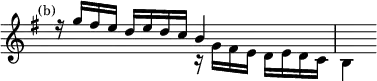 { \relative g'' { \mark \markup \small (b) \key g \major \override Score.Rest #'style = #'classical \override Score.TimeSignature #'stencil = ##f
 << { r16 g fis e d e d c b4 s } \\
    { s2 r16 g fis e d e d c | b4 } >> } }